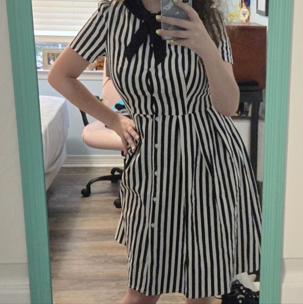 Black and White Striped Ribbon Dress